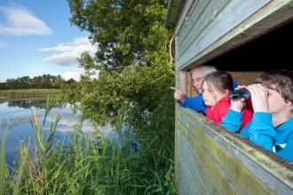 Family birdwatching from hide at Westhay SWT reserve, Somerset Levels, Somerset, England, UK - Guy Edwardes/2020VISION