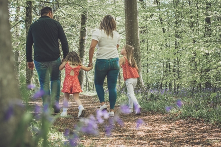 Family of four walking through bluebell-filled woodland