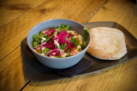 Dhal with homemade pitta, pickled red cabbage topped with parsley & mango dressing